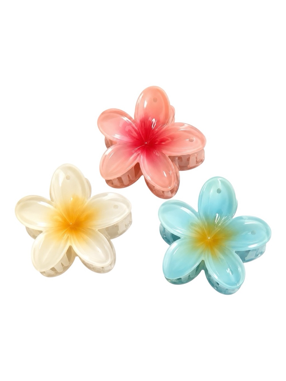 Set of 3 Large Tropical Flower Claw Clips Pink Blue Ivory